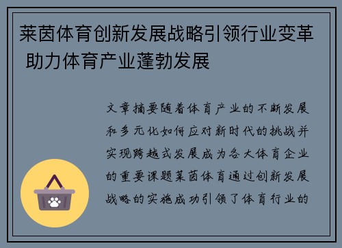 莱茵体育创新发展战略引领行业变革 助力体育产业蓬勃发展